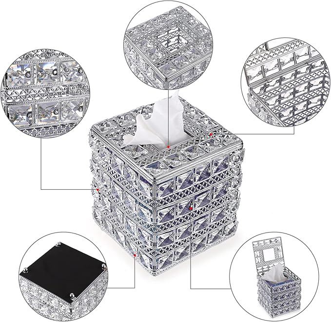 Sumnacon Crystal Square Tissue Box Cover - Sparkling Cube Glass Tissue Box Holder, Decorative Facial Tissue Holder for Bedroom Bathroom Dresser Night Stand Table Countertop Home Decor, Silver