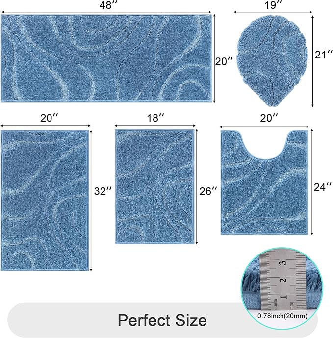 HEBE Bathroom Rugs Sets 5 Piece, Soft Absorbent Microfiber Bath Mat for Bathroom, Non Slip Washable Bath Rug Set with Toilet Cover, Bath Runner and U-Shaped Contour Toilet Rug, Blue