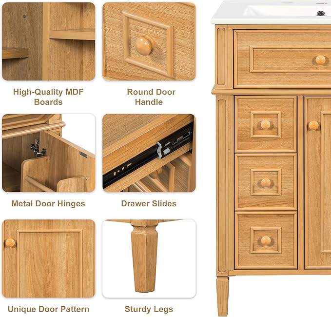 Harper & Bright Designs 24" Bathroom Vanity with Sink, Free Standing Single Basin Vanity Set with Tip-Out Drawer, 2 Drawers, and 2 Doors, Wood Bathroom Cabinet with Ceramic Basin for Bathroom, Wood