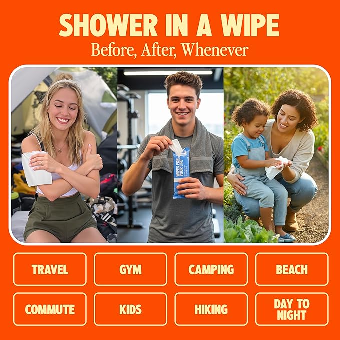HyperGo XL Body Wipes for Women & Men – 12" x12" Rinse-Free Full Body Cleansing Wipes 20 Count Pack - Citrus | Biodegradable, Hypoallergenic, Aloe-Infused | Gym, Festival, Camping Essentials