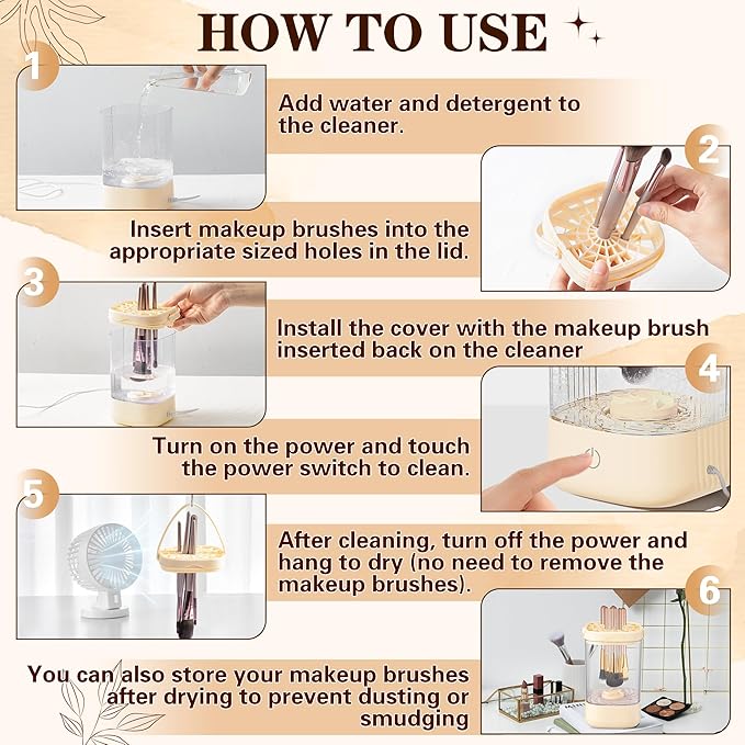 Electric Makeup Brush Cleaner - Portable Makeup Brushes Cleaning Machine, Automatic Spinning Cosmetic Brushes Washer, Make Up Brush Cleaner Tools for Most Sizes Brushes and Sponges (Beige)