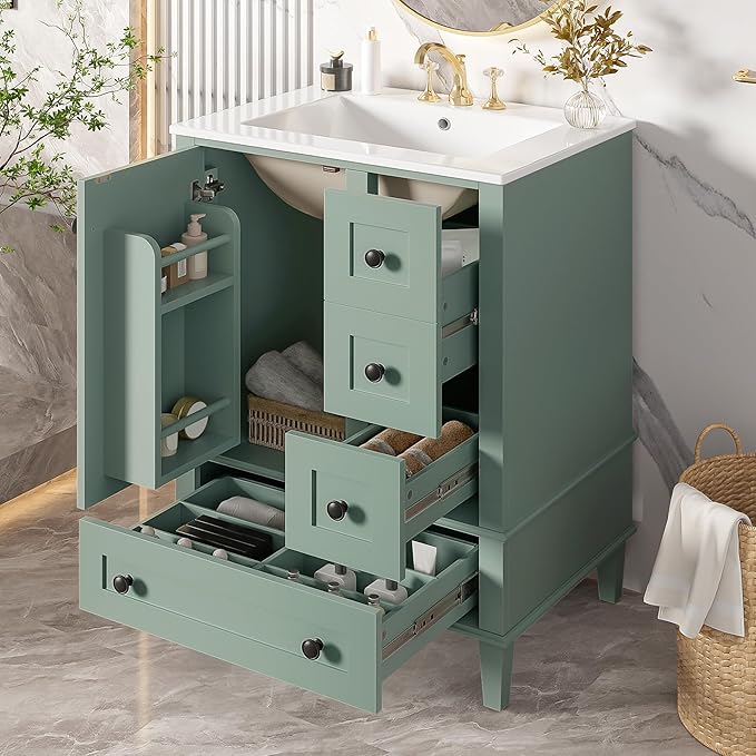 Bellemave 24" Bathroom Vanity with Sink Combo Set, Solid Wood Frame Bathroom Storage Cabinet with 3 Drawers, Soft Closing Cabinet Door with Organizer, Light Green