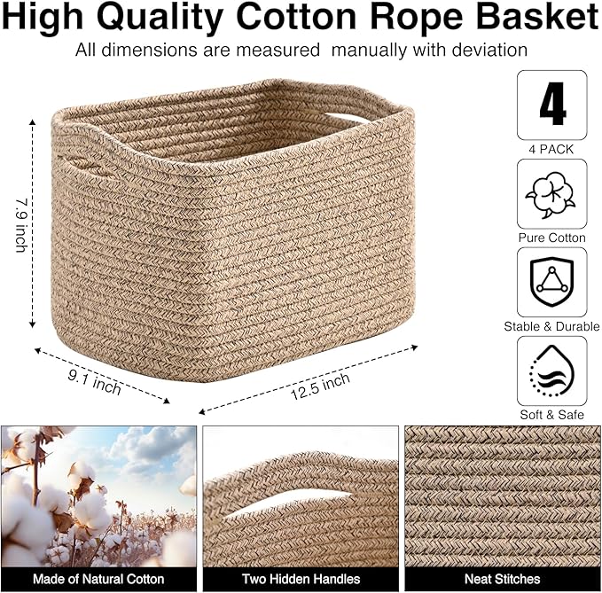 Small Storage Baskets for Shelves Organizing, Woven Cotton Rope Baskets for Storage, Book Basket, Decorative Shelf Basket, 12.5"Lx9.1''Wx7.9''H (4 Packs) Mixed Brown