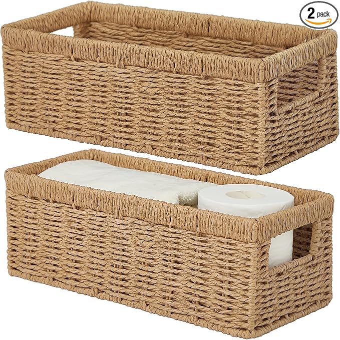 Vagusicc Wicker Storage Basket, Paper Rope Wicker Baskets with Handles, Toilet Paper Basket for Toilet Tank Top, Small Wicke Baskets for Organizing Shelves, 2-Pack, Natural