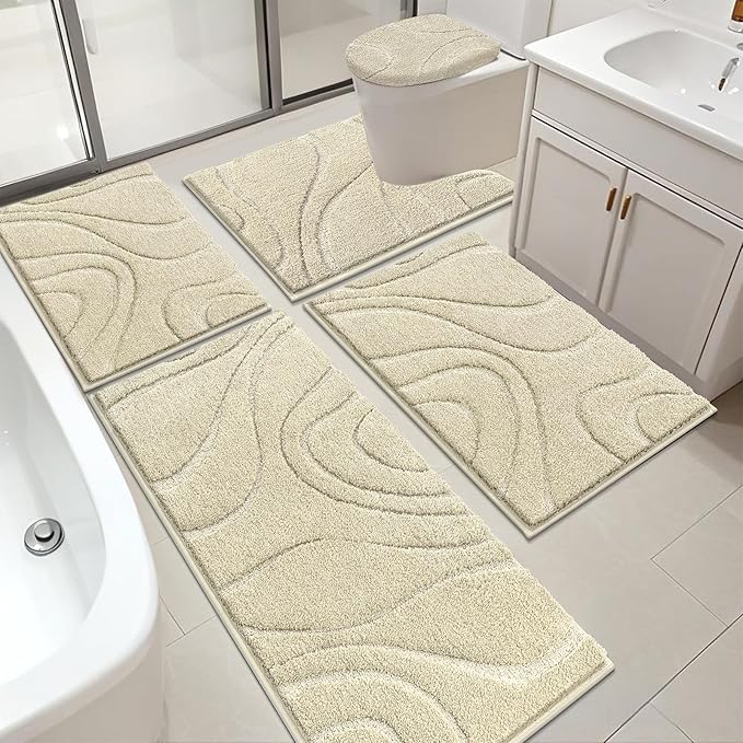 HEBE Bathroom Rugs Sets 5 Piece, Soft Absorbent Microfiber Bath Mat for Bathroom, Non Slip Washable Bath Rug Set with Toilet Cover, Bath Runner and U-Shaped Contour Toilet Rug, Light Beige