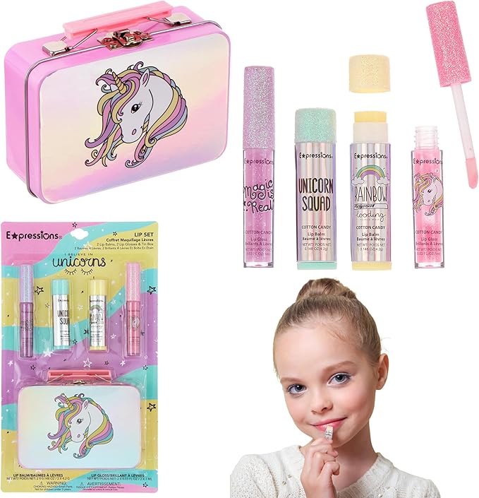 EXPRESSIONS 5pc Cosmetics Lip Kit For Kids w/Lip Glosses, Lip Balms & Tin Box Storage Case,I Believe in Unicorns Hologrpahic,Washable + Non Toxic