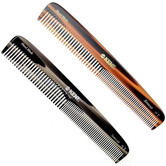 Kent 9T Double Tooth Dressing Table Comb, Tortoise Fine and Wide Tooth Coarse/Fine Dresser Comb for Hair, Beard, Mustache Styling, Grooming - For Men, Women, and Kids, Made in England