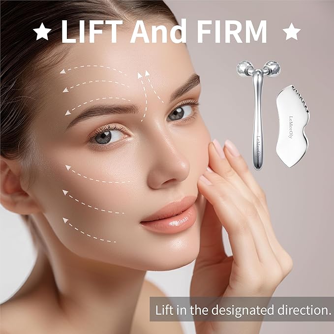 Stainless Steel Gua Sha Facial Tools Metal GuaSha Tool for Face Neck, Detailer Gua Sha Lymphatic Drainage Reduce Wrinkles Face Massage Tool, Gift for Women (Guasha & Face Roller)