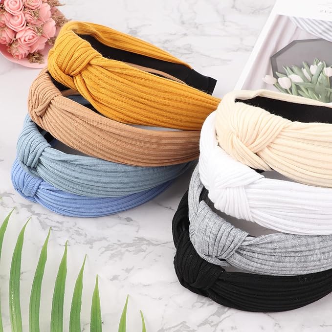 DRESHOW 8 Pack Knotted Headbands for Women Wide Turban Headband Yoga Exercise Ribbing Hair Hoop Hair Bands Accessories