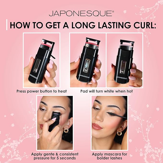 JAPONESQUE Heated Lash Curler, Long Lasting Eyelash Curler and Lifter, USB Powered, Heat Safety Settings, Electric Curler Tool