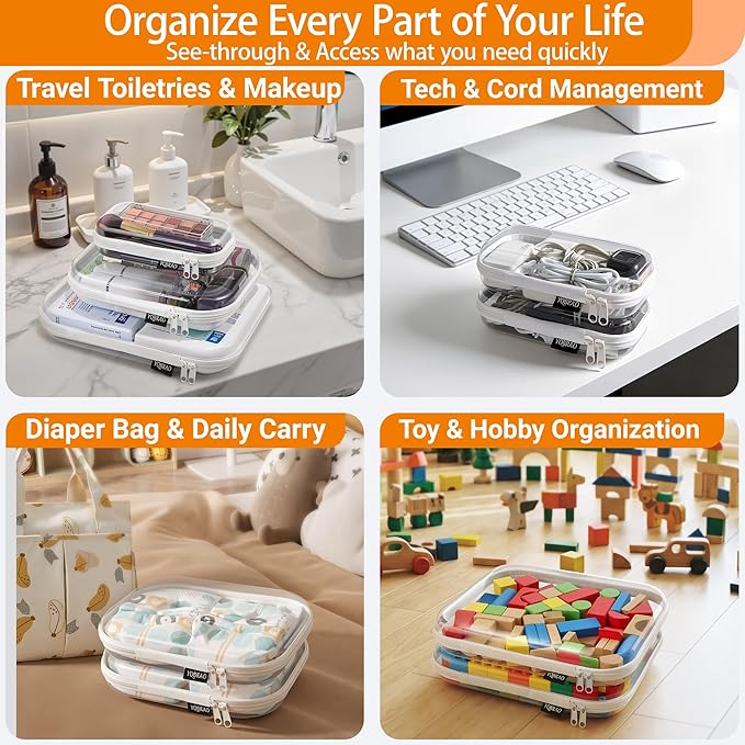 3 Pack Clear Hard Shell Zipper Case - Clear Waterproof Cosmetic Bag with Zipper, Kid's Toy Storage Organizer Bins, Charging Cables, creative journaling, painting brushes, Threads,Sketch Supplies