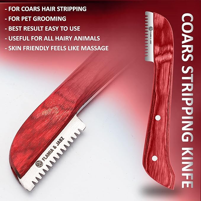 FLAMIA & JABZ FJ Professional Stripping Knife kit (6 pieces set) for Dogs & Pets, Wooden Handle Grip with Stainless Steel Blade (Right handed) (Coral Red)