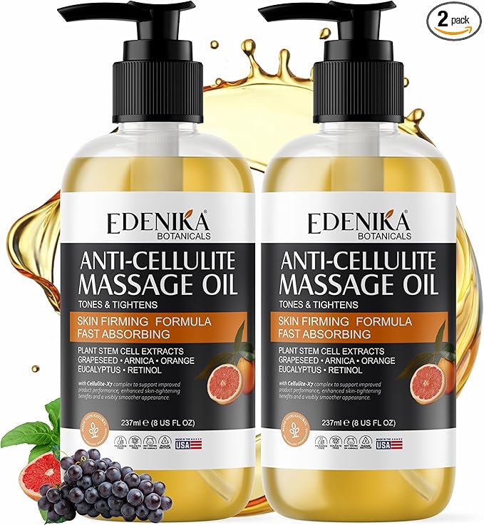 Firming Anti Cellulite Massage Oil, Grapeseed Oil, Caffeine, Plant Stem Cells & Retinol, Supports Tighter, Smoother-Looking Skin on Body, Legs, Thighs & Buttocks, 2-Pack