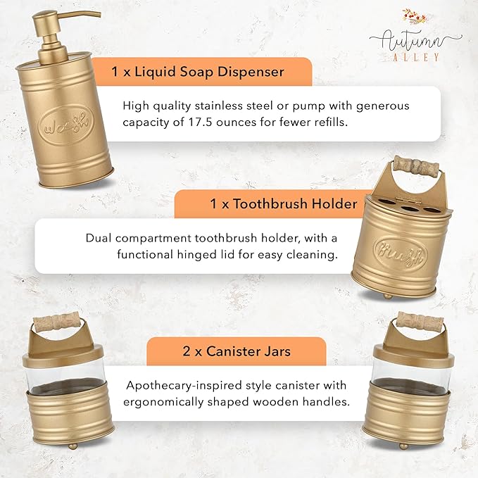 Autumn Alley Antique Gold Bathroom Accessories Set 4 - Farmhouse Soap Dispenser, Toothbrush Holder, 2 Apothecary Jars Qtip Holder - Gold Bathroom Decor – Rustic Farmhouse Bathroom Accessories