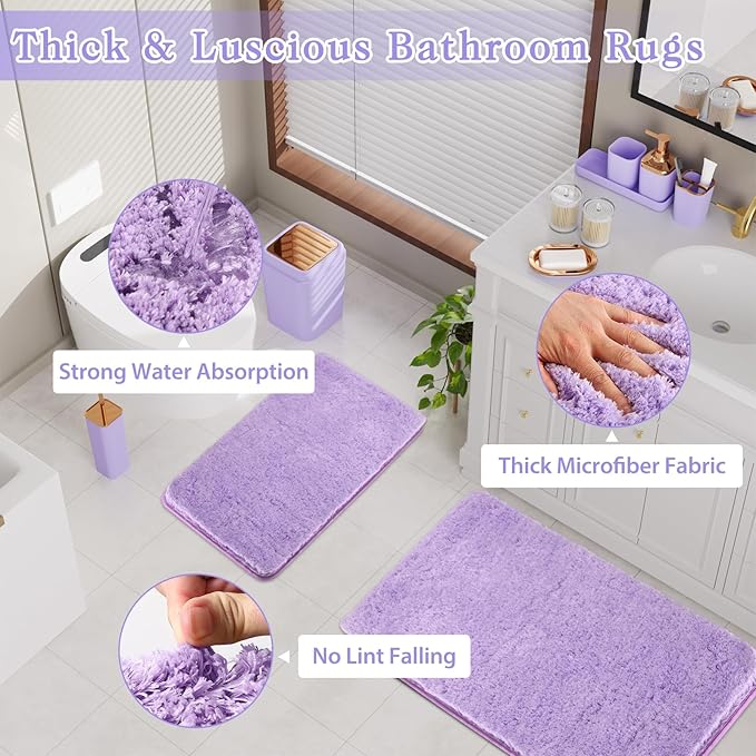Bathroom Accessory Set–Bathroom Sets with Shower Curtain and Rugs, Non Slip Bathroom Rugs Super Absorbent, Light Purple Ombre Shower Curtain with Hooks, Lavender Bathroom Sets Complete for Home