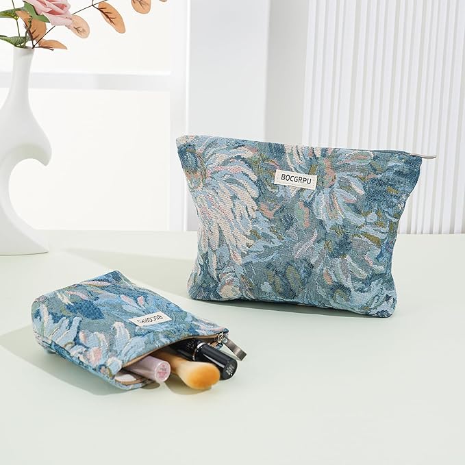 2 PCS Makeup Bag Small Cute Cosmetic Bags for Women，Floral Travel Toiletry Bag for Purse, Large Canvas Cosmetic Pouch Makeup Organizer Tool Pouch with Zipper（Blue Flower）
