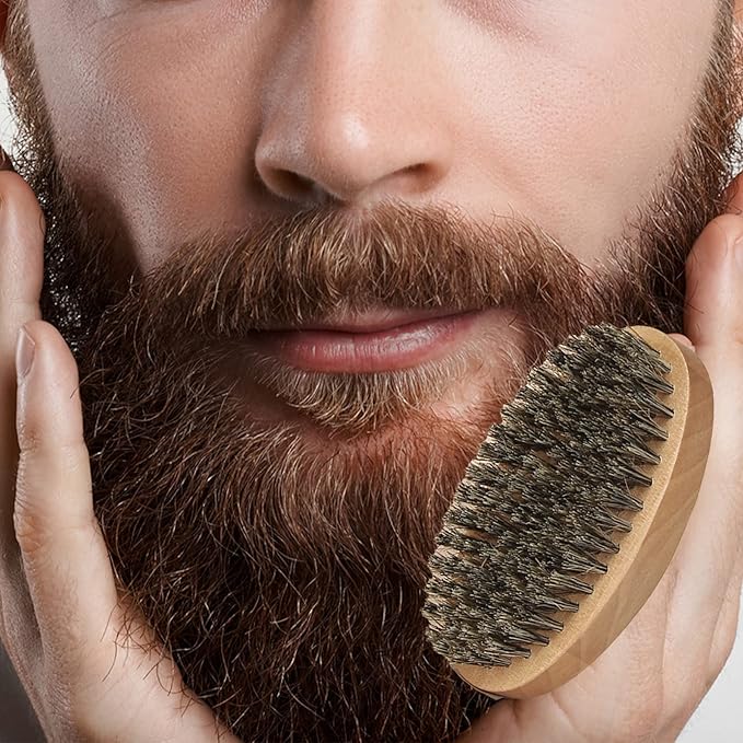 Fan Wu Beard Brush and Dual-Sided Wood Comb Set – Natural Boar Bristle Grooming Kit with Velvet Travel Pouch, Anti-Static for Beard, Mustache & Hair – Gift for Men