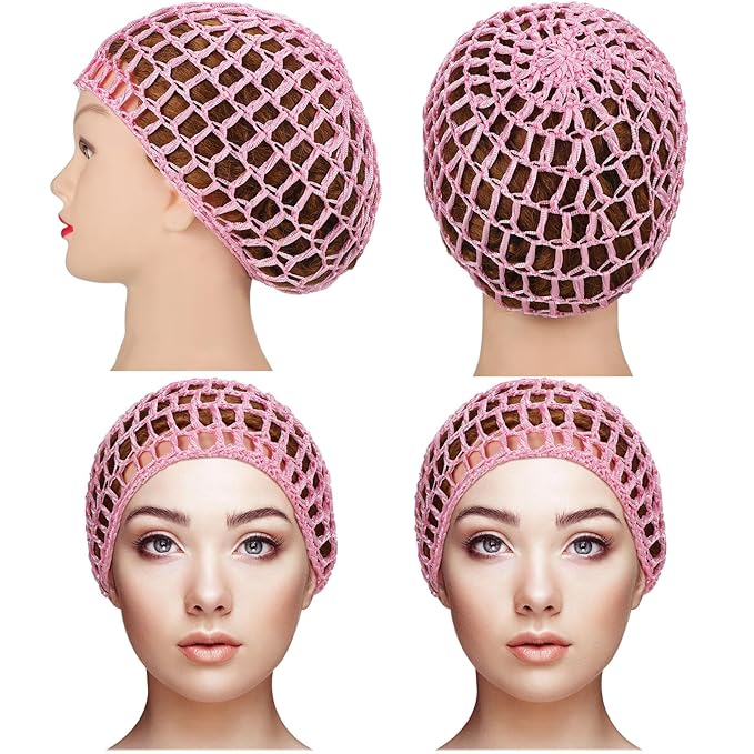 Geyoga 4 Pieces Mesh Crochet Hair Net Rayon Knit Snood Hat Thick Short Women Hairnet Snoods Cover Ornament for Sleeping (Pink)