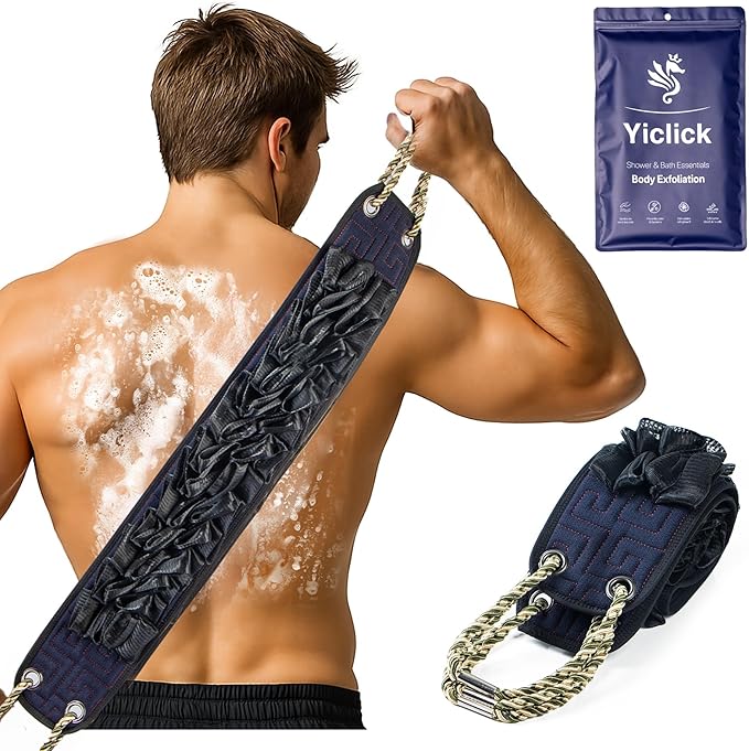 Yiclick Back Scrubber for Shower, Exfoliating Washcloth Towel with Handle, Body Scrubber Exfoliator, Bath Sponge Loofah Luffa, Back Washer Wash Cloth for Men Women, Korean Exfoliate Body Scrub