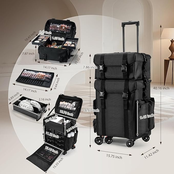 Costravio Travel Makeup Bag, Cosmetology Case on Wheels, 2 IN 1 Hair Tool Organizer, Rolling Nail Organizer Train Case, Large Cosmetic Trolley Suitcase for MUA/Hairstyling/Home-care/Groomer, Black