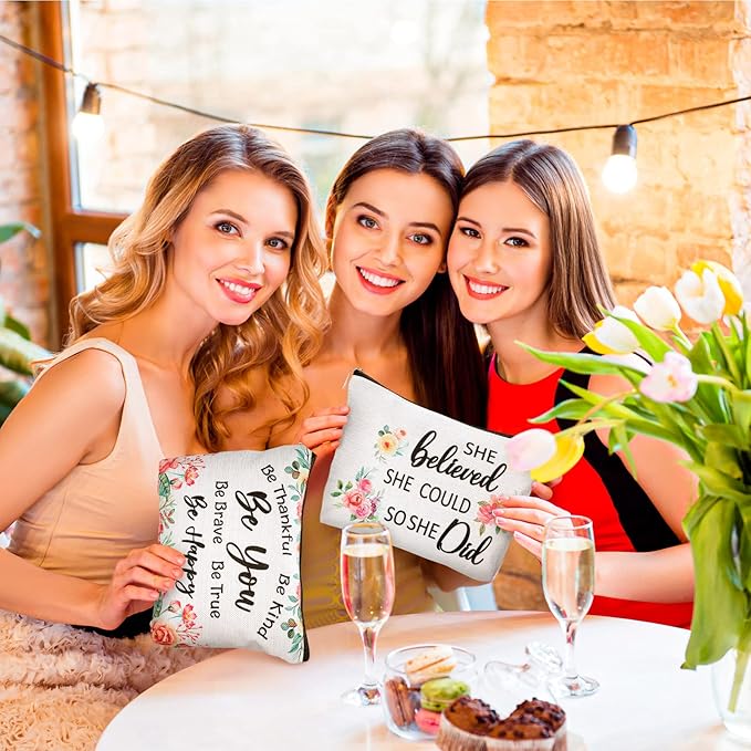 Chengu 6 Pcs Floral Cosmetic Bags Inspirational Gifts for Women Believe in Yourself Motivational Quotes Flower Canvas Makeup Bag for Women Birthday Friend Teacher Graduation New Year Party