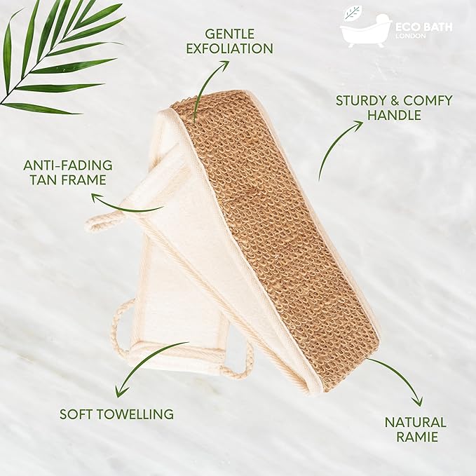 Eco Bath London Natural Ramie Back Strap - Exfoliating Back Scrubber with Handles, Premium Shower Bath Sponge Body Scrubber for Smooth Skin