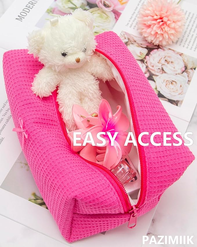 PAZIMIIK Cozy Makeup Bag Travel Cosmetic Bag for Women Soft Toiletry Bag Aesthetic Makeup Organizer Portable Large Zipper Pouch for Skincare Beauty Accessories Brushes Waffle Hotpink