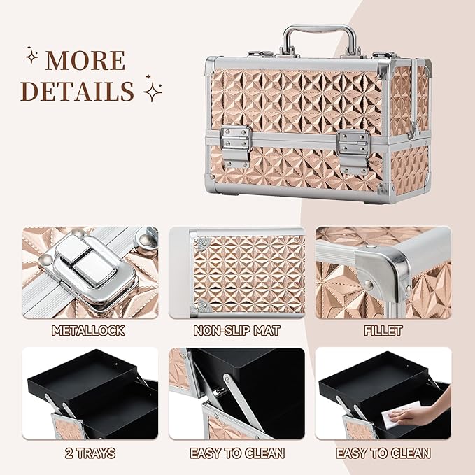 Leeora&Leekoo Makeup Train Case with Lighted Mirror,Portable Makeup Box Organizer (Rose Gold)