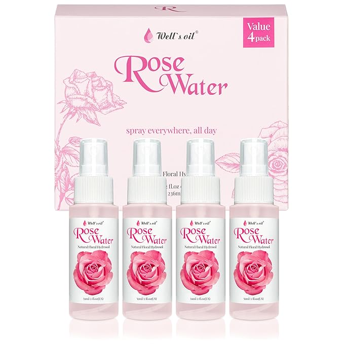 Well's Oil Rosewater Face & Hair Mist Spray (2 fl oz / 59 mL) | 4-Pack | Floral Rosewater Hydrosol | Alcohol-Free