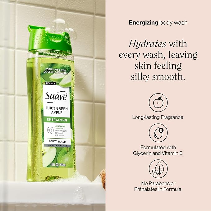Suave Moisturizing Body Wash, with Juicy Apple and Vitamin E Extract, No Parabens, No Phtahaltes, 18 Oz Pack of 6