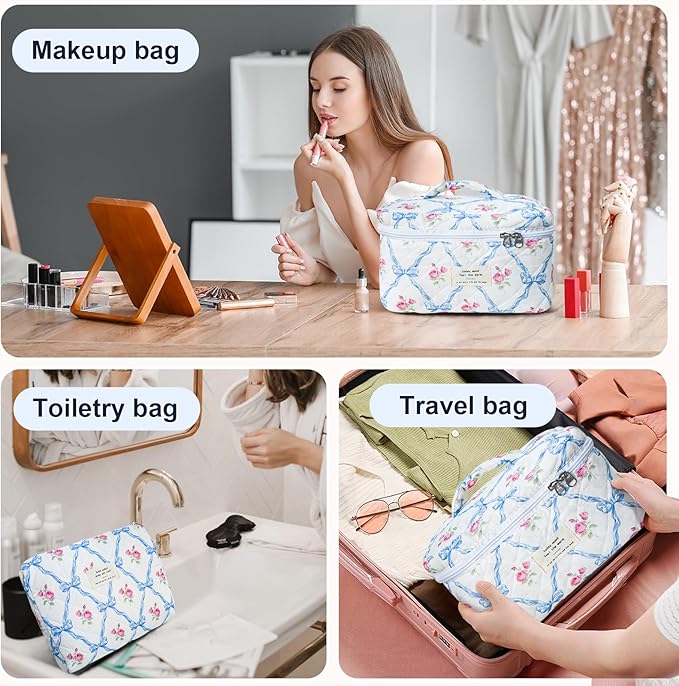 3Pcs Cotton Quilted Makeup Bag Large Travel Cosmetic Bag Coquette Makeup Pouch Cute Aesthetic Floral Toiletry Bag for Women Girls (flower-Q)
