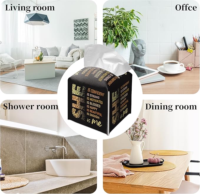 Grace Yonks Cute Tissue Box Cover Square - “SHE Is Me” Empowering Quote in Glitter Gold on Black Design 5.2" PU Leather Holder for Vanity, Desk, or Bathroom Counter - Cube Case for Facial Tissues(022)