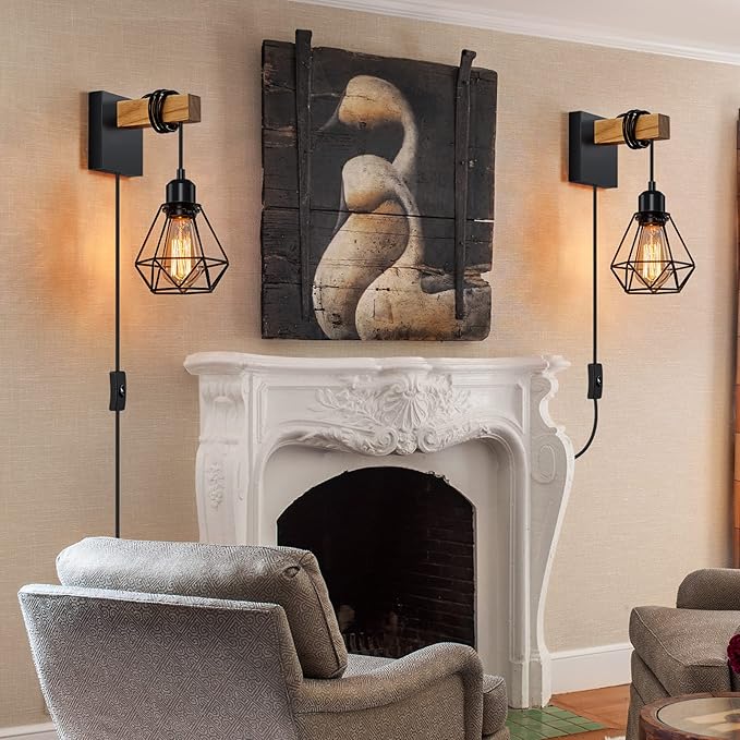 Plug in Wall Sconces Set of Two, Wall Sconce with 8.53FT Switched Power Cord, Rustic Vintage Wall Lights for Bedroom, Bathroom, Entryway, Living Room, Bedroom