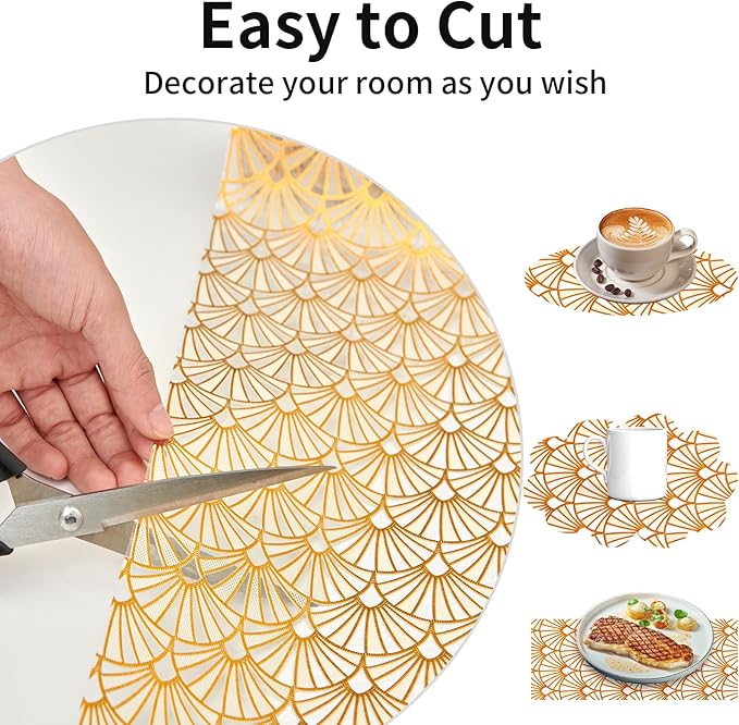 Shelf and Drawer Liner for Kitchen Cabinet,Non-Adhesive Waterproof Oil-Proof Easy Clean Shelf Liner for Dresser & Bathroom Vanities with Adhesive Dots & Cutting Tool(12 in X 20 Ft Gold Fish Scale)