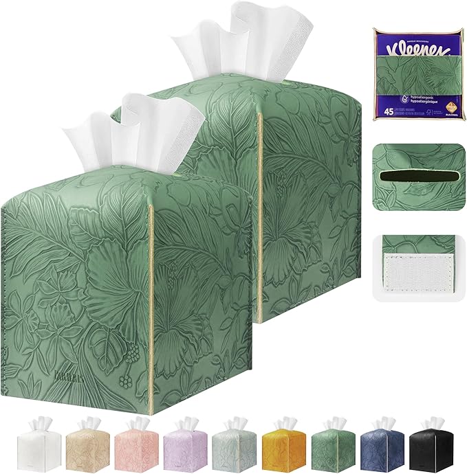 Tissue Box Holder Cover Square Tissue Cube Cover PU Leather Tissue Organizer with Bottom Belt for Bathroom, Tabletop, Kitchen, Night Stands, Office, Home, Car (2, VibrantGreen)