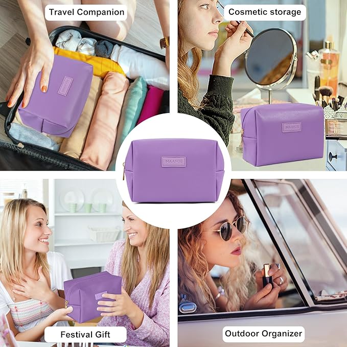 MAANGE Small Makeup Bag For Purse, Travel Cosmetic Bag Makeup Pouch PU Leather Portable Versatile Zipper Pouch For Women (Purple)