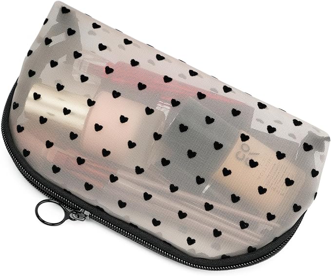 Portable Mesh Makeup Bag with Zipper Small Travel Toiletry Bag Lightweight Cosmetic Pouch (Beige&Black Heart Half Round)