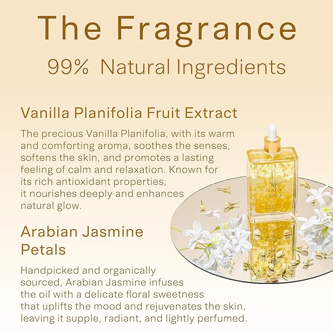 SAFA Vanillé Oil - Organic Oil for Face, Body, Hair, Nails & Aromatherapy | Vanilla Extract & Jasmine Petals - Essential Oil for Diffusers | After Shower Body Oil | Skin Moisturiser (4 Fl Oz)