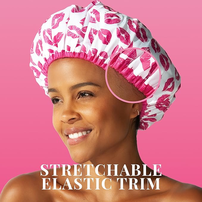 Reusable Shower & Bath Cap & Lined, Oversized Waterproof Shower Caps Large Designed for all Hair Lengths with PEVA Lining & Elastic Band Stretch Hem Hair Hat - Fashionista Showered With Kisses