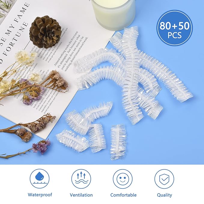 MORGLES 50 Pcs Ear Covers for Shower with 80 Pcs Shower Caps, Waterproof Ear Covers and Large Disposable Plastic Caps for Bathing, Hair Dye, Conditioning in Home Hotel Travel