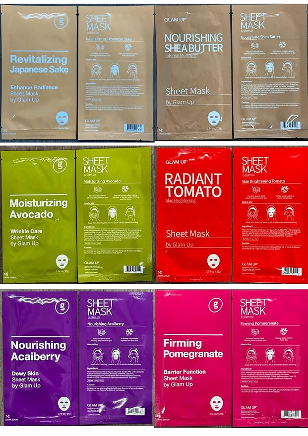 GLAM UP Korean Facial Sheet Mask 12 Combo Pack | Hydrating & Moisturizing Face Mask for Glass Skin | Soothing Korean Skincare for Sensitive, Dry Skin | Bulk Face Masks Gift Set for Home Spa