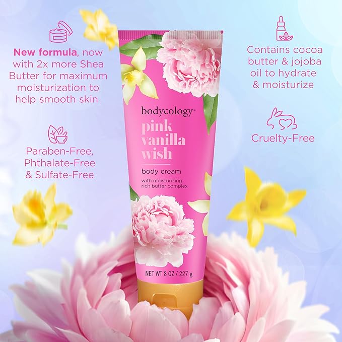 Bodycology Shea Butter Body Cream, Pink Vanilla Wish, 8 oz (Pack of 2)
