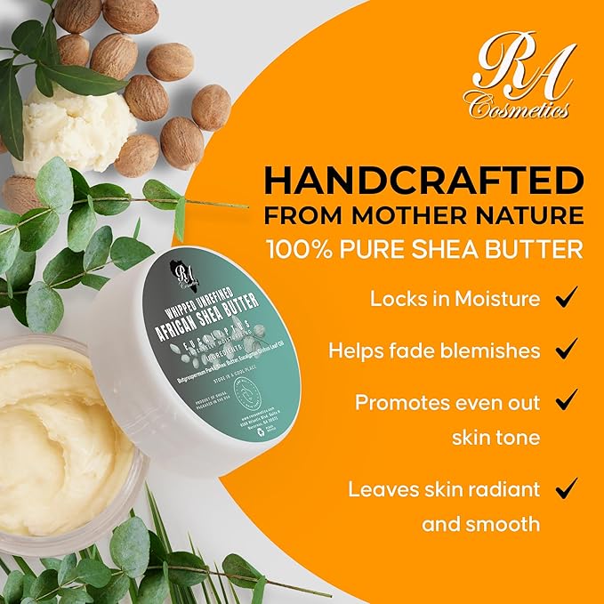 RA COSMETICS Whipped Shea Butter with Eucalyptus Oil – 100% Unrefined Shea Body Butter from Ghana – Moisturizes Skin, Nourishes & Conditions Hair – Softens and Smooths Lips, Hands & Feet – 12oz