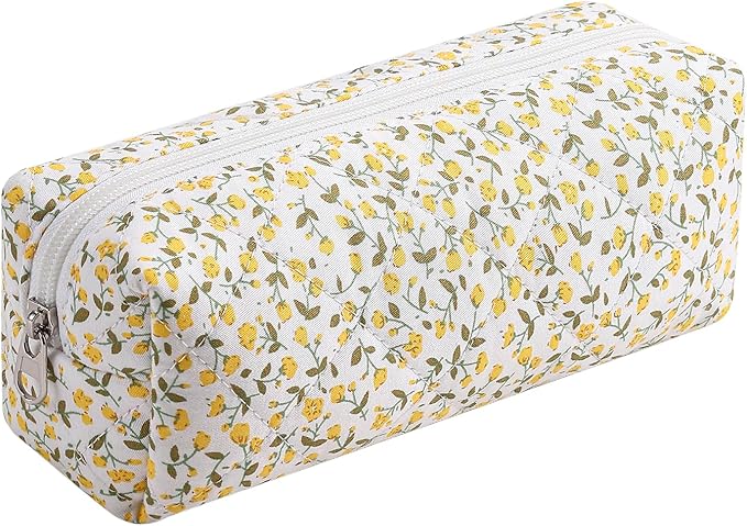Cute Floral Makeup Brush Bag Small Cotton Quilted Cosmetic Bag for Women Travel Toiletry Zipper Make Up Pouch (Yellow Floral)