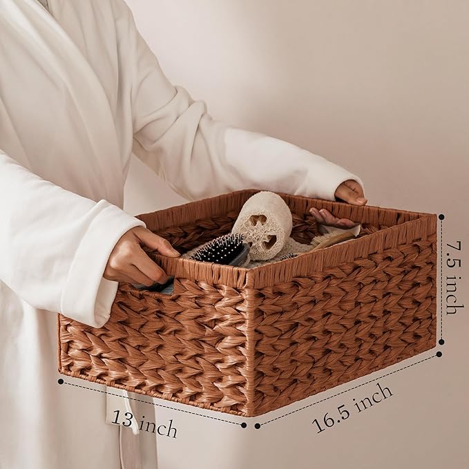 UBBCARE Storage Baskets with Label, Wicker Pantry Baskets for Shelves, Waterproof Woven Basket for Organizing, 2-Pack Plastic Rectangle Organizers with Handles,Light Brown (16.5L×13W×7.5H)
