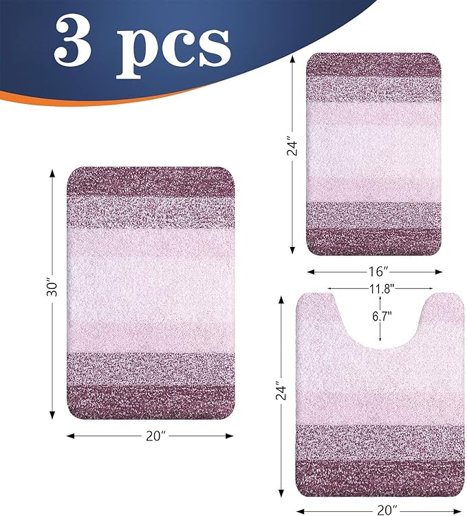 OLANLY Bathroom Rugs Sets 3 Piece, Soft Absorbent Microfiber Bath Mats and U-Shaped Contour Toilet Rug, Plush Shaggy Bath Mat Set for Bathroom (30"x20"+24"x16"+24"x20", Mauve)