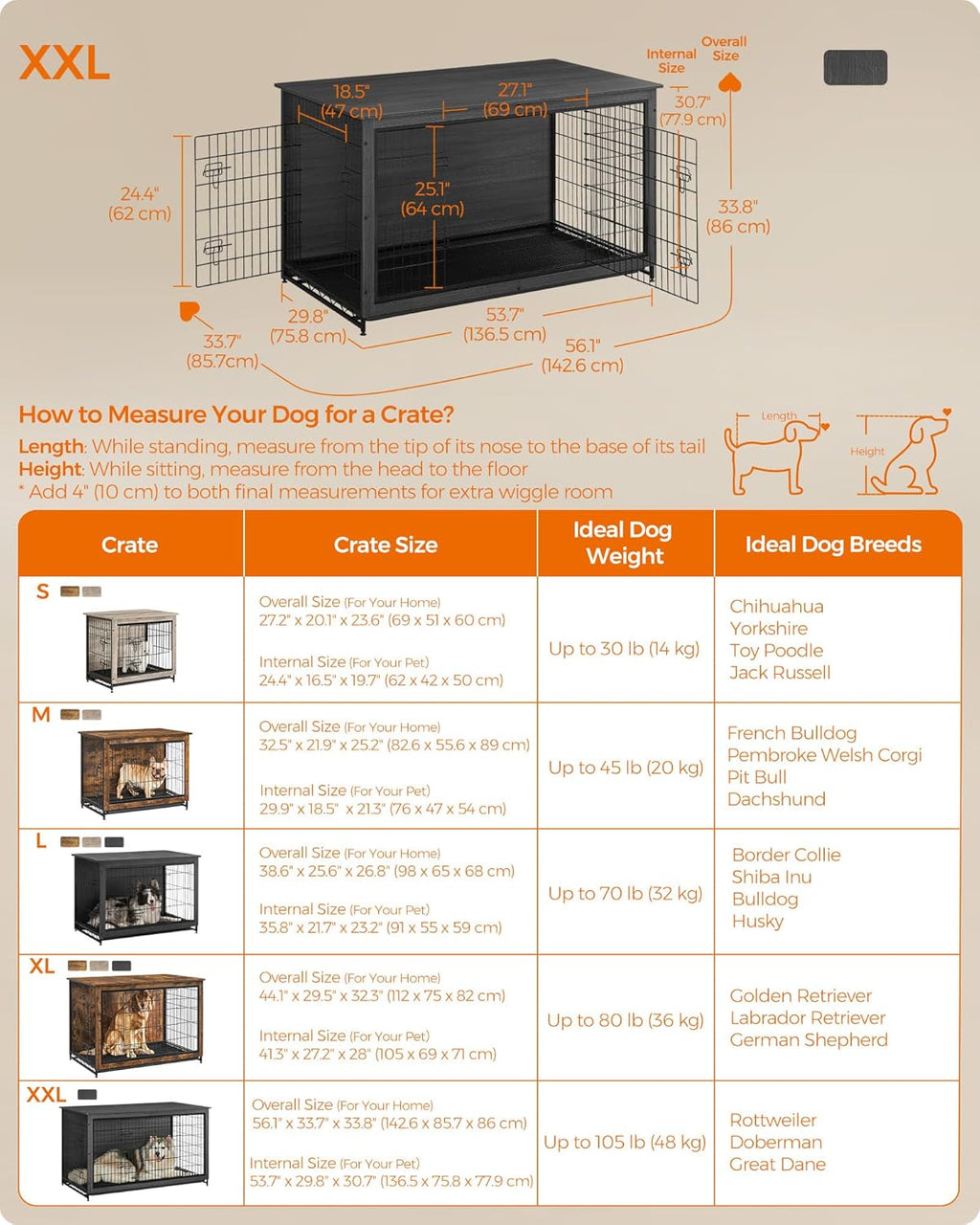Feandrea Dog Crate Furniture, 56.1" Modern Kennel for Dogs Indoor up to 105 lb, Heavy-Duty Dog Cage with Multi-Purpose Removable Tray, Double-Door Dog House, Ink Black UPFC005B01