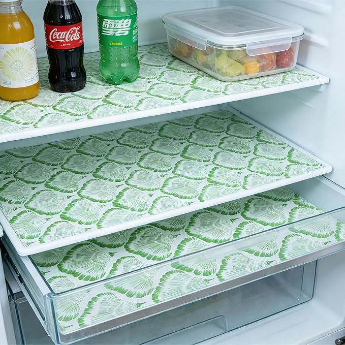 Shelf and Drawer Liner, 17in x 30FT Double Layer PVC Non-Adhesive Non-Slip Waterproof, Green Leaf for Kitchen Cabinets, Pantry, Bathroom, Dresser with Knife and Tape Measure
