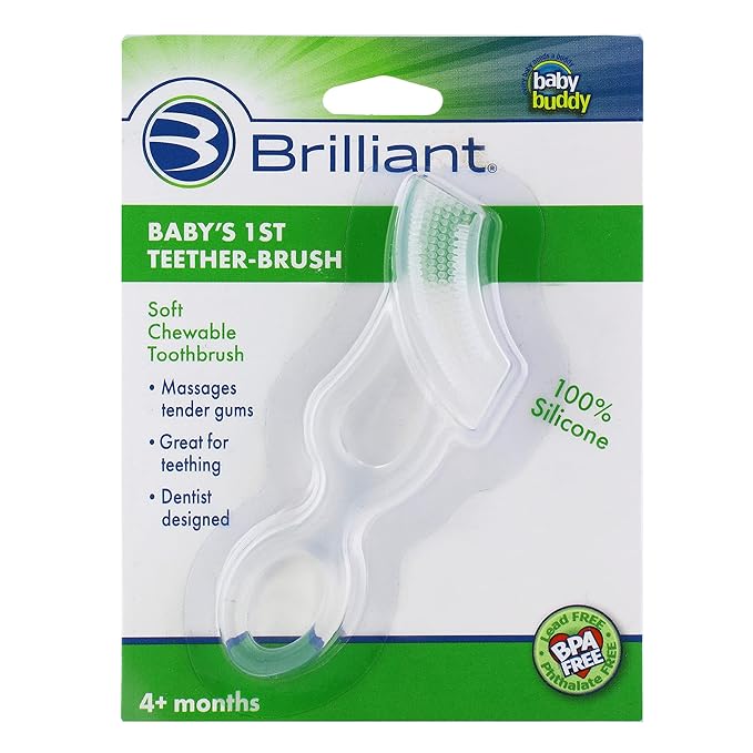 Brilliant Oral Care Baby’s First Toothbrush, Smooth Silicone Bristles Gently Clean Tender Teeth and Gums, for Ages 4+ Months, Clear, 1 Pack