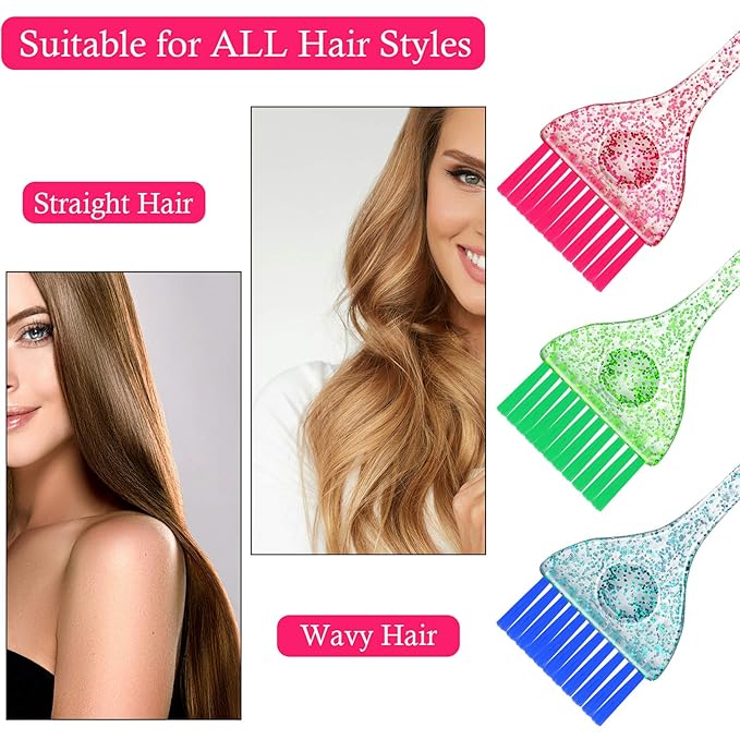 6 Pieces Hair Color Brush Set with Glitter Handles for Highlighting, Tint and Coloring Hair Sections Multicolor Glitter Dye Brush Salon Home Dyeing Coloring DIY, 3 Colors